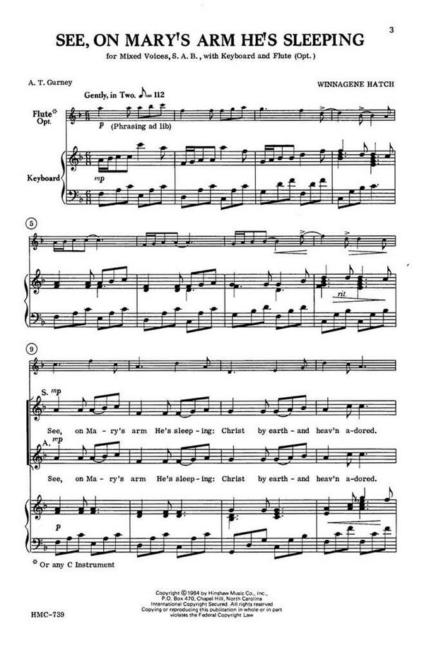 Winnagene Hatch, See, On Mary's Arm He's Sleeping&nbsp;&nbsp;SAB, Keyboard, Flute and C-Inst Optional&nbsp;&nbsp;Chorpartitur