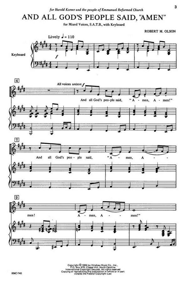 Robert Olson, And All God's People Said, ''Amen'''&nbsp;&nbsp;SATB and Keyboard&nbsp;&nbsp;Chorpartitur