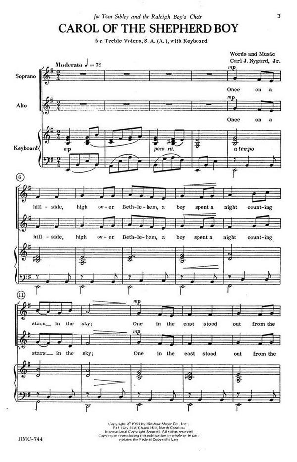 Carl Nygard, Carol Of The Shepherd Boy&nbsp;&nbsp;SA or SSA, Keyboard&nbsp;&nbsp;Chorpartitur