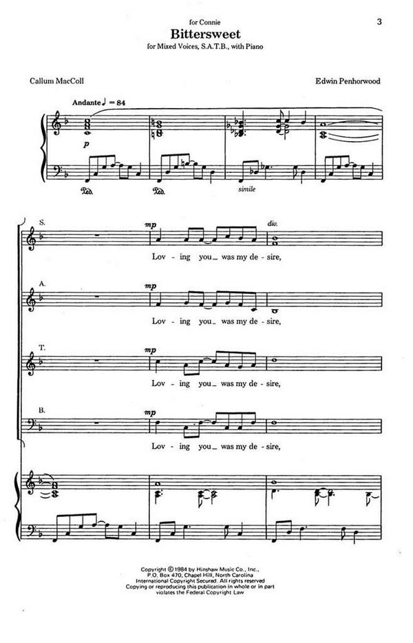Edwin Penhorwood, Bittersweet&nbsp;&nbsp;SATB, Piano&nbsp;&nbsp;Chorpartitur