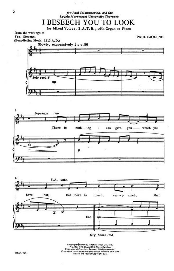 Paul Sjolund, I Beseech You To Look&nbsp;&nbsp;SATB and Keyboard&nbsp;&nbsp;Chorpartitur