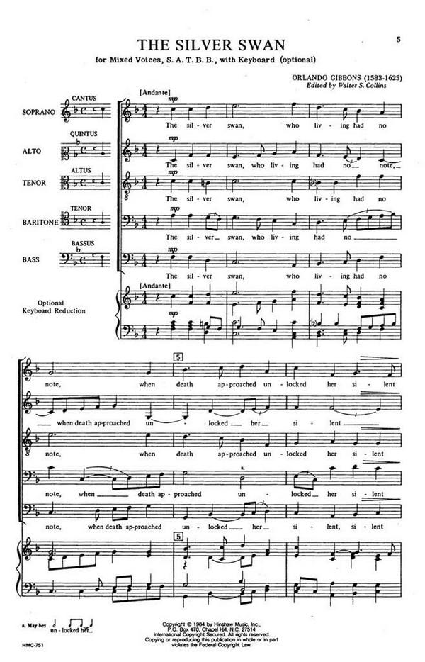 Orlando Gibbons, The Silver Swan&nbsp;&nbsp;SATBB, Keyboard Optional&nbsp;&nbsp;Chorpartitur