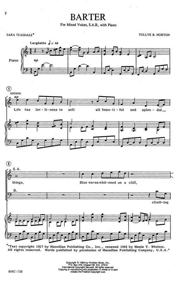 Tullye B. Norton, Barter&nbsp;&nbsp;SAB, Piano&nbsp;&nbsp;Chorpartitur