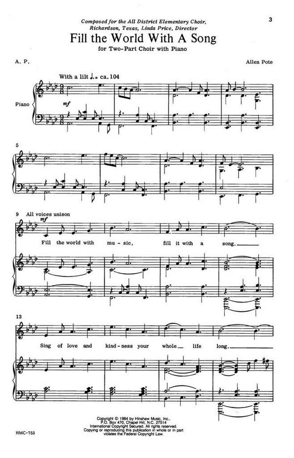 Allen Pote, Fill The World With A Song  2-Part Choir and Piano  Chorpartitur