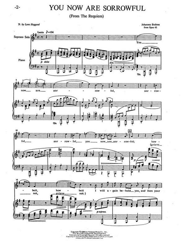 Johannes Brahms, You Now Are Sorrowful&nbsp;&nbsp;SATB, Soprano Solo, Keyboard&nbsp;&nbsp;Chorpartitur
