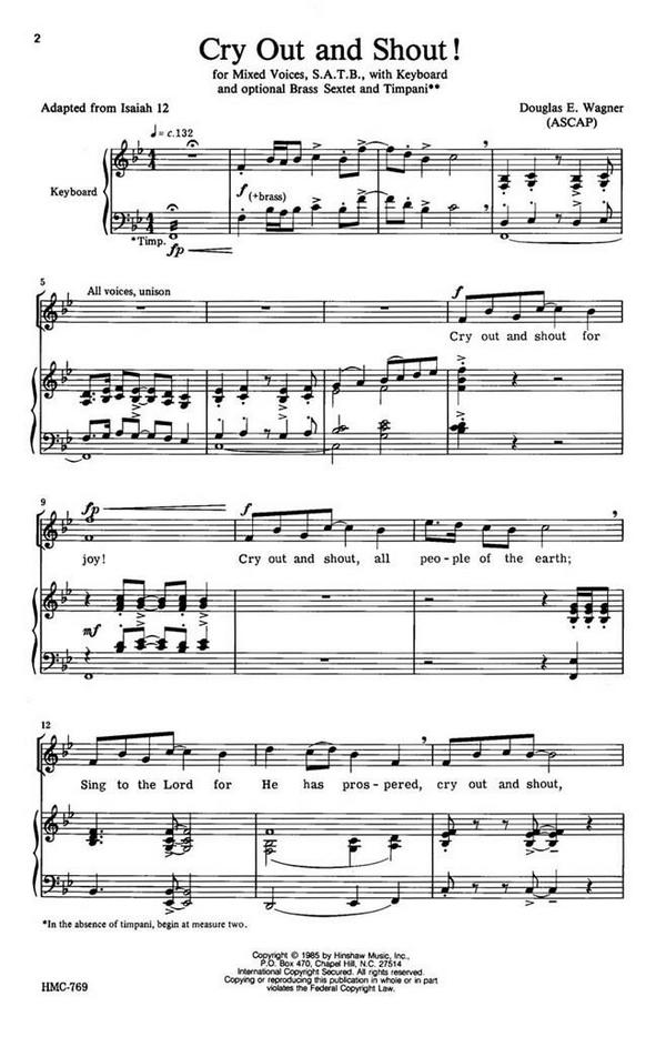 Douglas E. Wagner, Cry Out And Shout&nbsp;&nbsp;SATB, Keyboard, Optional Brass Sextet and Timpani&nbsp;&nbsp;Chorpartitur