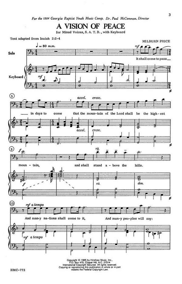 Milburn Price, A Vision Of Peace&nbsp;&nbsp;SATB and Keyboard&nbsp;&nbsp;Chorpartitur