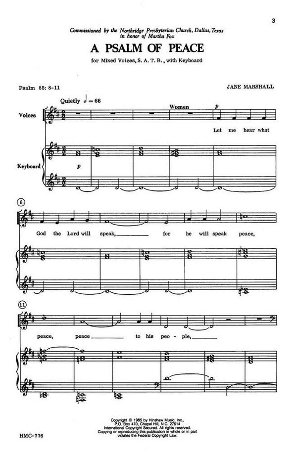 Jane Marshall, A Psalm Of Peace&nbsp;&nbsp;SATB and Keyboard&nbsp;&nbsp;Chorpartitur