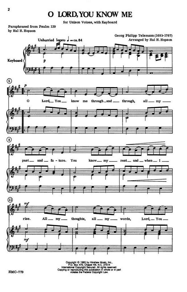 Georg Philipp Telemann, O Lord, You Know Me&nbsp;&nbsp;Unison, Keyboard&nbsp;&nbsp;Chorpartitur