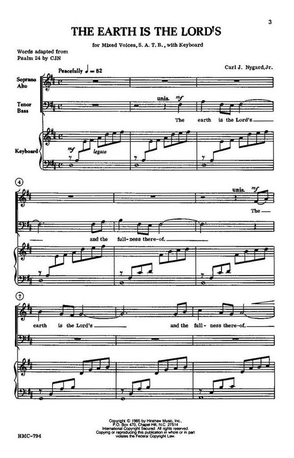 Carl Nygard, The Earth Is The Lord's&nbsp;&nbsp;SATB and Keyboard&nbsp;&nbsp;Chorpartitur