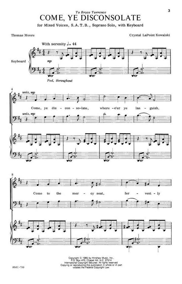Crystal Godfrey LaPoint, Come, Ye Disconsolate&nbsp;&nbsp;SATB, Soprano Solo, Keyboard&nbsp;&nbsp;Chorpartitur