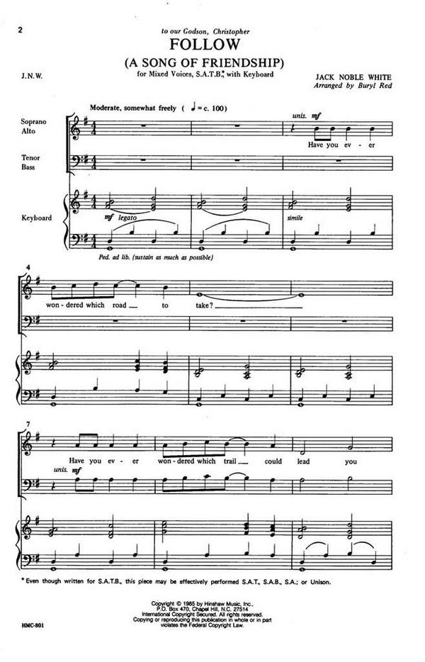 Jack White, Follow&nbsp;&nbsp;SATB and Keyboard&nbsp;&nbsp;Chorpartitur