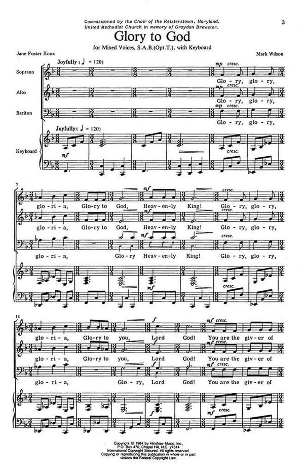 Mark Wilson, Glory To God&nbsp;&nbsp;Choral and Keyboard&nbsp;&nbsp;Chorpartitur