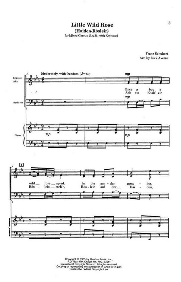 Franz Schubert, Little Wild Rose&nbsp;&nbsp;SAB and Keyboard&nbsp;&nbsp;Chorpartitur