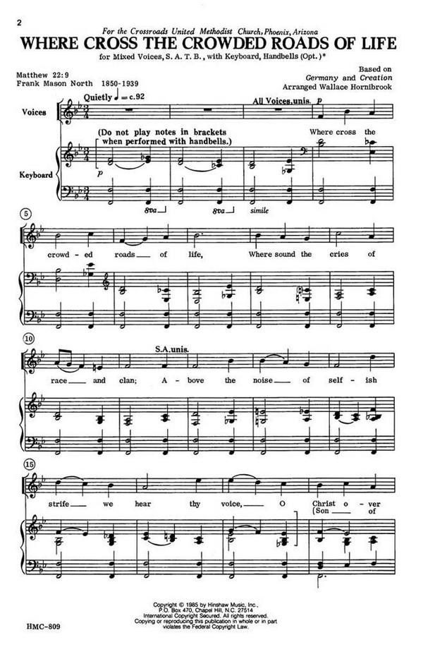 Where Cross The Crowded Roads Of Life&nbsp;&nbsp;SATB, Keyboard, Optional Handbells&nbsp;&nbsp;Chorpartitur