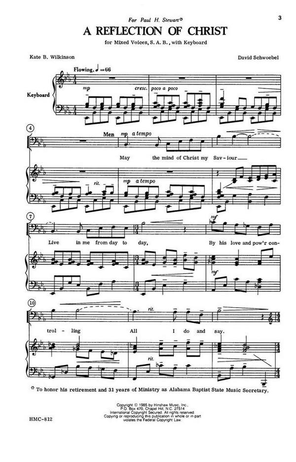 David Schwoebel, A Reflection Of Christ&nbsp;&nbsp;SAB and Keyboard&nbsp;&nbsp;Chorpartitur