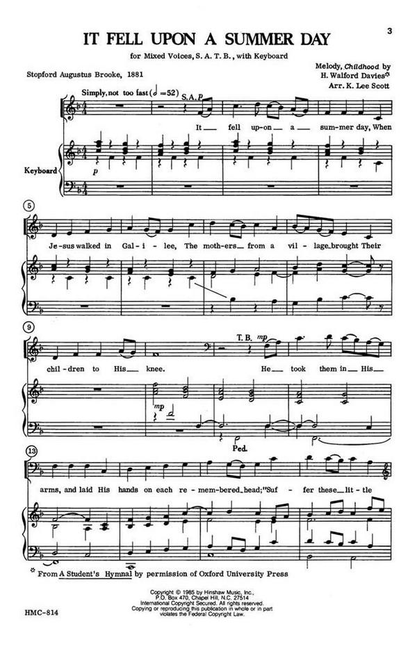 Walford Davies, It Fell Upon A Summer Day&nbsp;&nbsp;SATB and Keyboard&nbsp;&nbsp;Chorpartitur