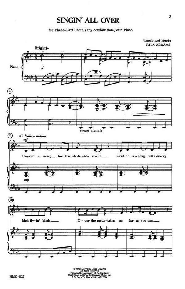 Rita Abrams, Singin' All Over&nbsp;&nbsp;3-Part Choir and Piano&nbsp;&nbsp;Chorpartitur