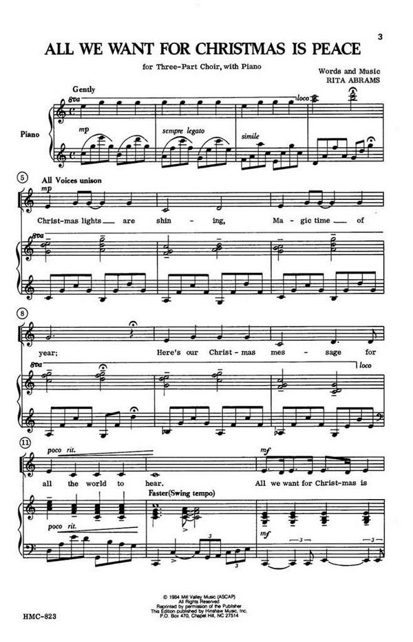 Rita Abrams, All We Want For Christmas Is Peace&nbsp;&nbsp;3-Part Choir and Piano&nbsp;&nbsp;Chorpartitur