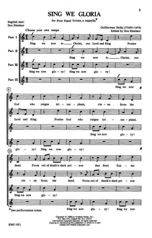 Guillaume Dufay, Sing We Gloria&nbsp;&nbsp;4 Equal Voices, a Cappella&nbsp;&nbsp;Chorpartitur