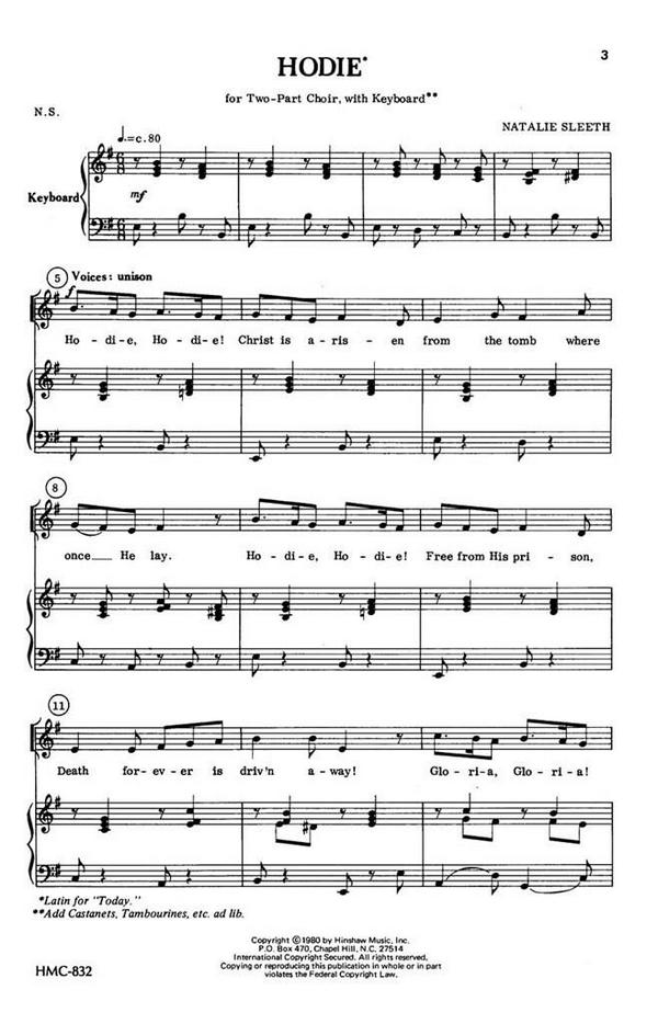 Natalie Sleeth, Hodie&nbsp;&nbsp;2-Part Choir and Keyboard&nbsp;&nbsp;Chorpartitur