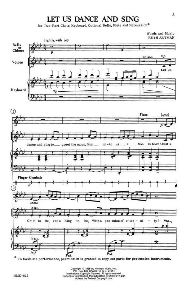 Ruth Artman, Let Us Dance And Sing&nbsp;&nbsp;2-Part, any combination, Keyboard, Opt Bells, Flute and Percussion&nbsp;&nbsp;Chorpartitur