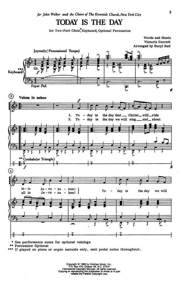 Victoria Garrett, Today Is The Day&nbsp;&nbsp;Choir, Keyboard, Optional Percussion&nbsp;&nbsp;Chorpartitur