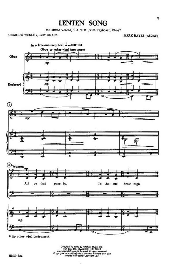 Mark Hayes, Lenten Song&nbsp;&nbsp;SATB, Keyboard, Oboe&nbsp;&nbsp;Chorpartitur