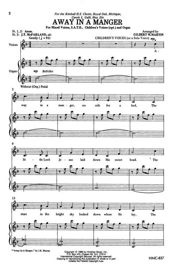 James Ramsey Murray, Away In A Manger&nbsp;&nbsp;SATB, Optional Children's Voices, Organ&nbsp;&nbsp;Chorpartitur
