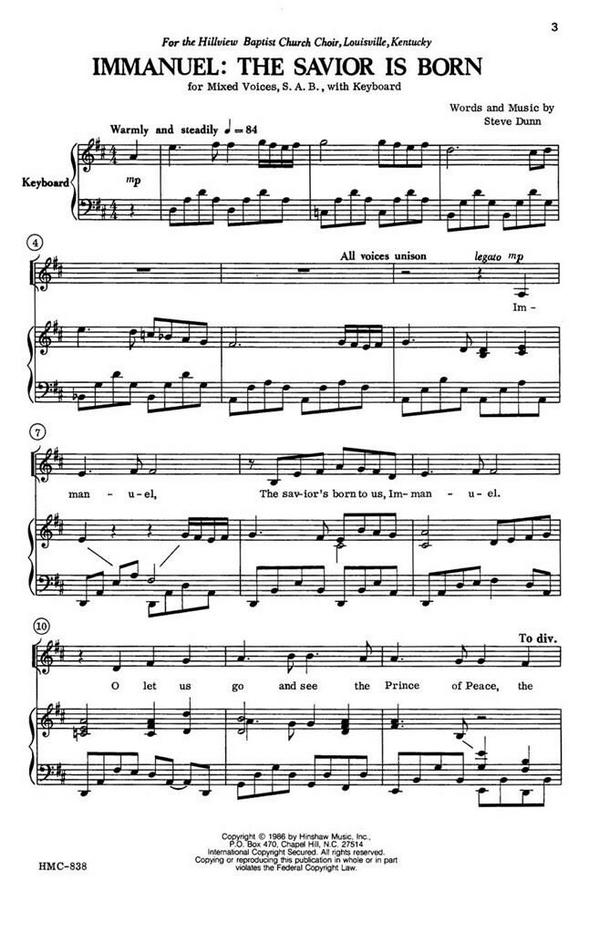 Steve Dunn, Immanuel: The Savior Is Born&nbsp;&nbsp;SAB and Keyboard&nbsp;&nbsp;Chorpartitur