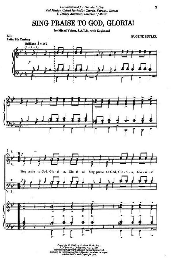 Eugene Butler, Sing Praise To God, Gloria !&nbsp;&nbsp;SATB and Keyboard&nbsp;&nbsp;Chorpartitur