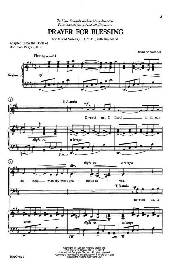David Schwoebel, Prayer For Blessing&nbsp;&nbsp;SATB and Keyboard&nbsp;&nbsp;Chorpartitur
