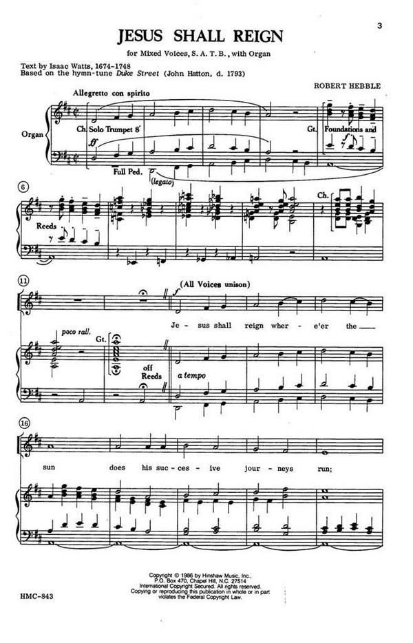 John D. Hatton, Jesus Shall Reign&nbsp;&nbsp;SATB and Organ&nbsp;&nbsp;Chorpartitur