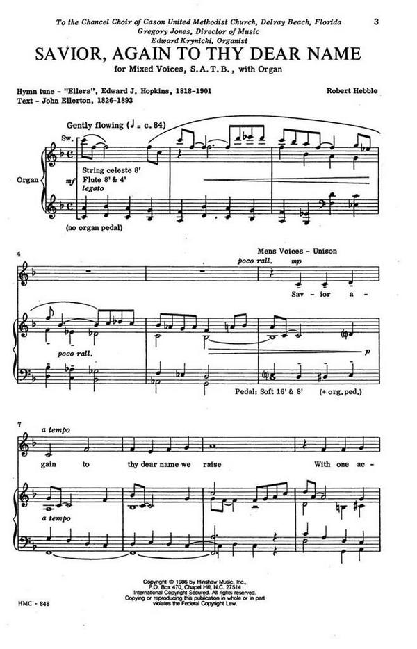 Savior, Again To Thy Dear Name&nbsp;&nbsp;SATB and Organ&nbsp;&nbsp;Chorpartitur