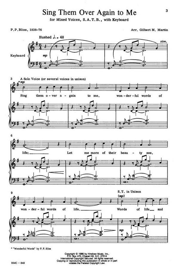 Philip Bliss, Sing Them Over Again To Me&nbsp;&nbsp;SATB and Keyboard&nbsp;&nbsp;Chorpartitur