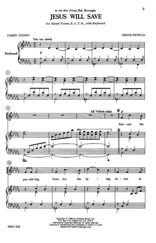 Gregg Sewell, Jesus Will Save&nbsp;&nbsp;SATB and Keyboard&nbsp;&nbsp;Chorpartitur