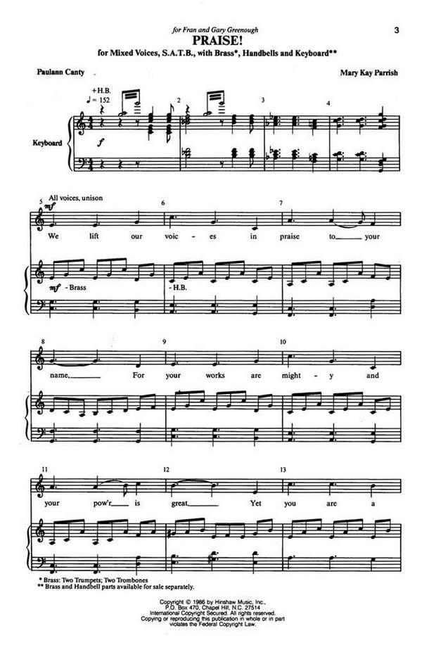 Mary Kay Parrish, Praise!&nbsp;&nbsp;SATB, Keyboard, Brass and Handbells&nbsp;&nbsp;Chorpartitur