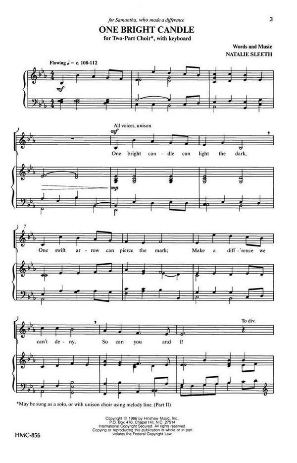 Natalie Sleeth, One Bright Candle&nbsp;&nbsp;2-Part Choir and Keyboard&nbsp;&nbsp;Chorpartitur