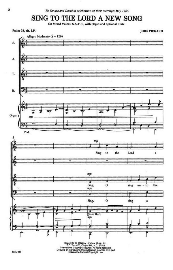 John Pickard, Sing To The Lord A New Song&nbsp;&nbsp;SATB, Organ, Optional Flute&nbsp;&nbsp;Chorpartitur