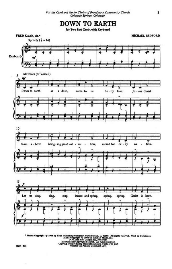 Michael Bedford, Down To Earth&nbsp;&nbsp;2-Part Choir and Keyboard&nbsp;&nbsp;Chorpartitur