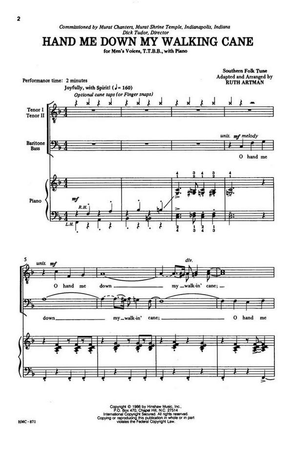 Hand Me Down My Walking Cane&nbsp;&nbsp;TTBB, Piano&nbsp;&nbsp;Chorpartitur