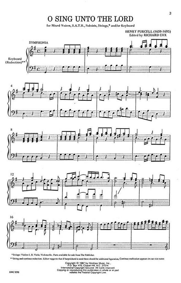 Henry Purcell, O Sing Unto The Lord&nbsp;&nbsp;SATB, Solo, Keyboard&nbsp;&nbsp;Chorpartitur