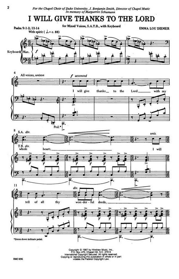 Emma Lou Diemer, I Will Give Thanks To The Lord&nbsp;&nbsp;SATB and Keyboard&nbsp;&nbsp;Chorpartitur
