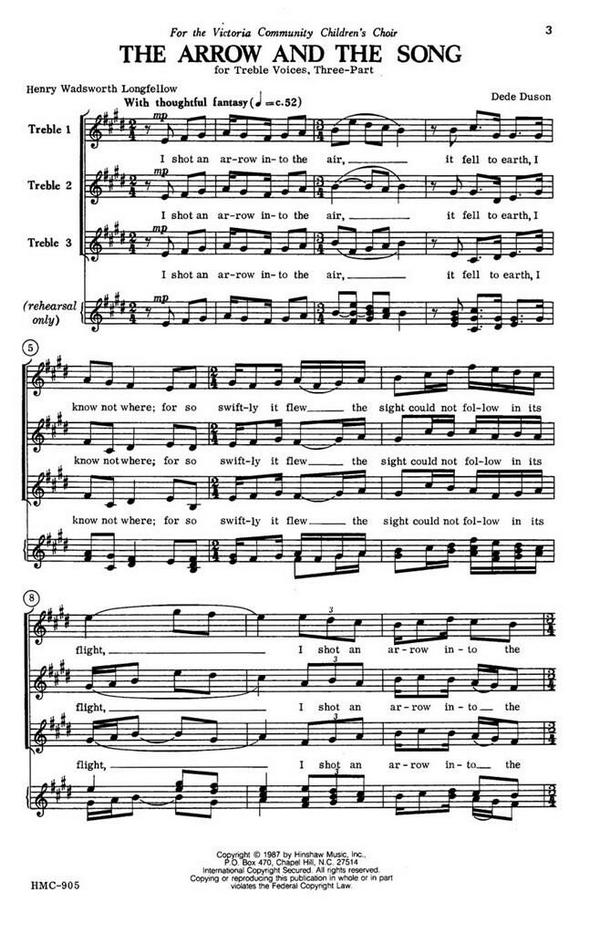 Dede Duson, The Arrow And The Song&nbsp;&nbsp;3-Part, Treble Voices, a Cappella&nbsp;&nbsp;Chorpartitur