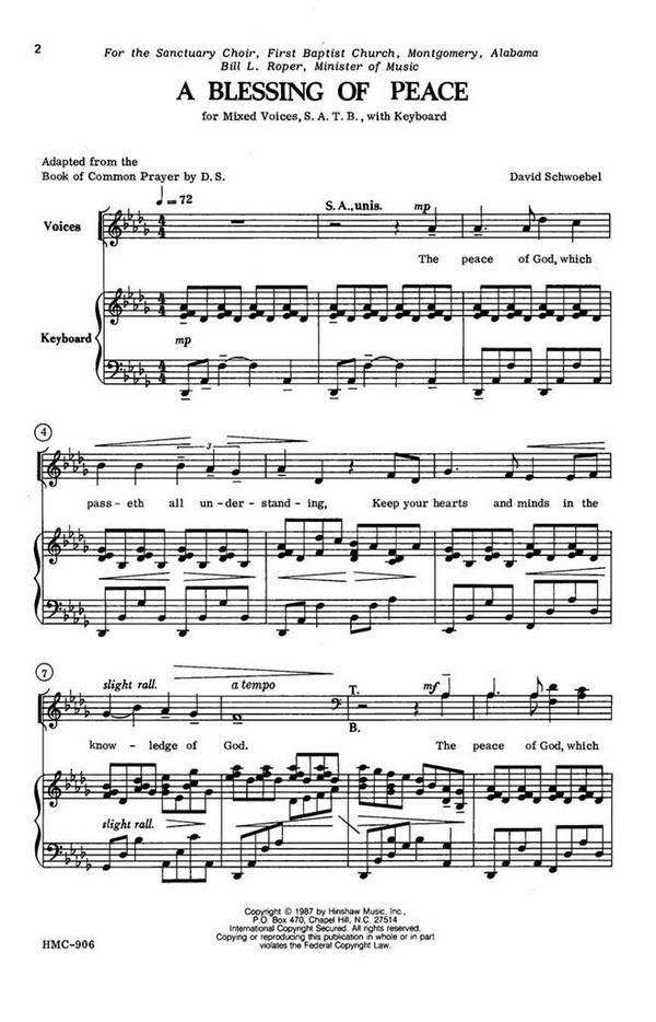 David Schwoebel, A Blessing Of Peace&nbsp;&nbsp;SATB and Keyboard&nbsp;&nbsp;Chorpartitur