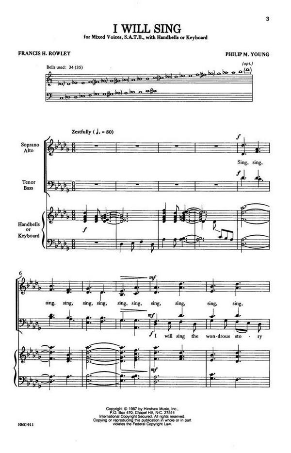 Philip Young, I Will Sing&nbsp;&nbsp;SATB, Keyboard Or Handbells&nbsp;&nbsp;Chorpartitur