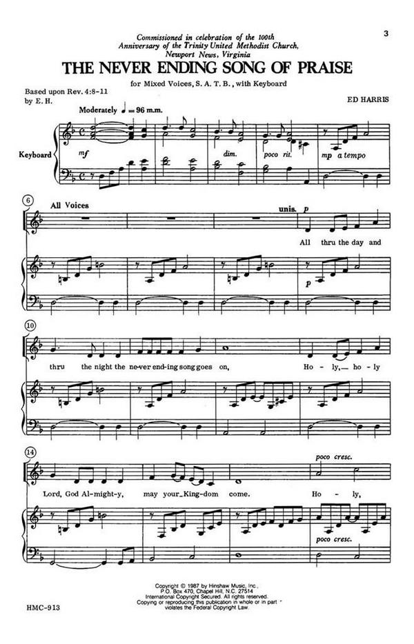 Ed Harris, The Never Ending Song Of Praise&nbsp;&nbsp;SATB and Keyboard&nbsp;&nbsp;Chorpartitur