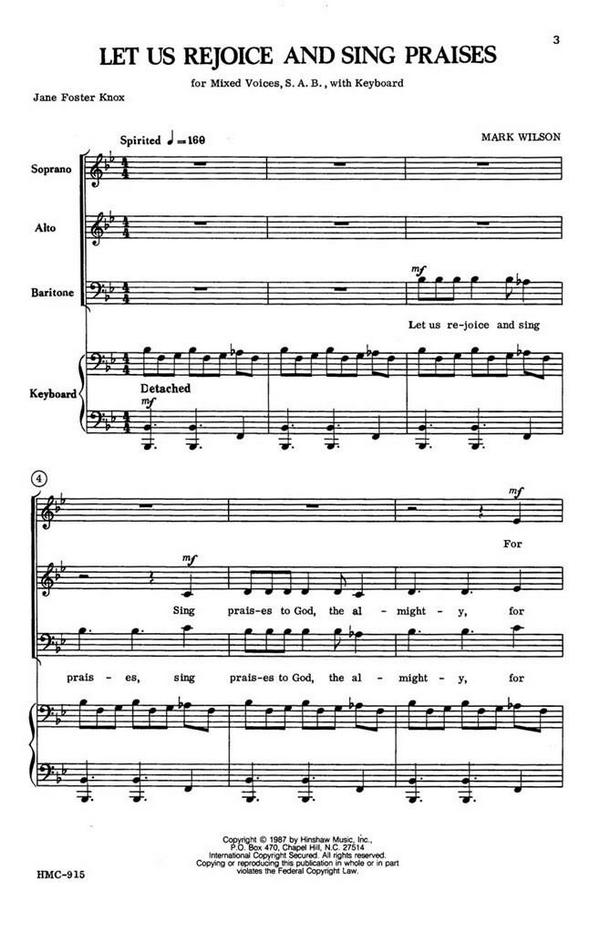 Mark Wilson, Let Us Rejoice And Sing Praises&nbsp;&nbsp;SAB and Keyboard&nbsp;&nbsp;Chorpartitur