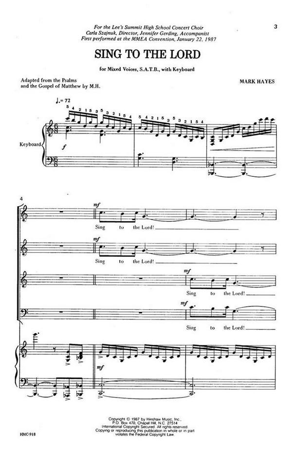 Mark Hayes, Sing To The Lord&nbsp;&nbsp;SATB and Keyboard&nbsp;&nbsp;Chorpartitur