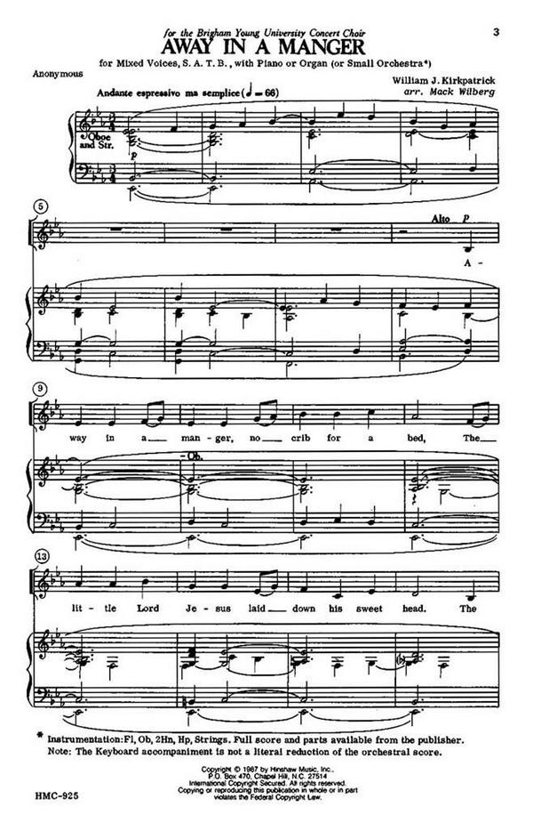 William J. Kirkpatrick, Away In A Manger&nbsp;&nbsp;SATB&nbsp;&nbsp;Chorpartitur